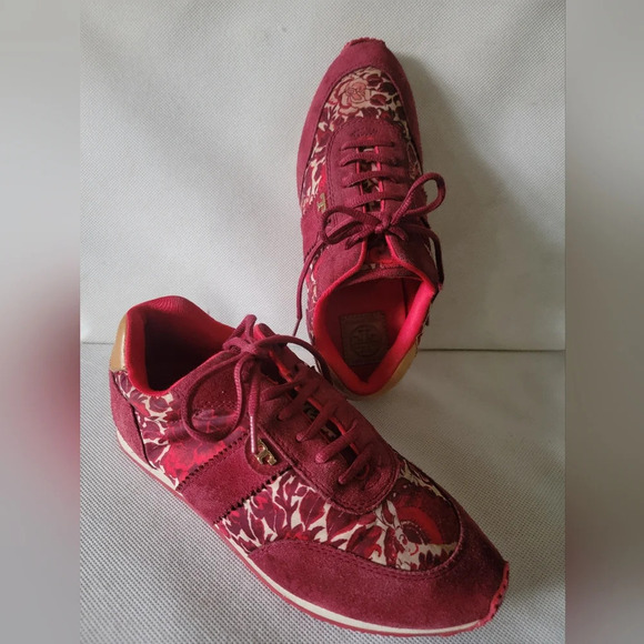 TORY BURCH RED SUEDE & FLORAL SNEAKERS (sz 8) - Picture 1 of 6